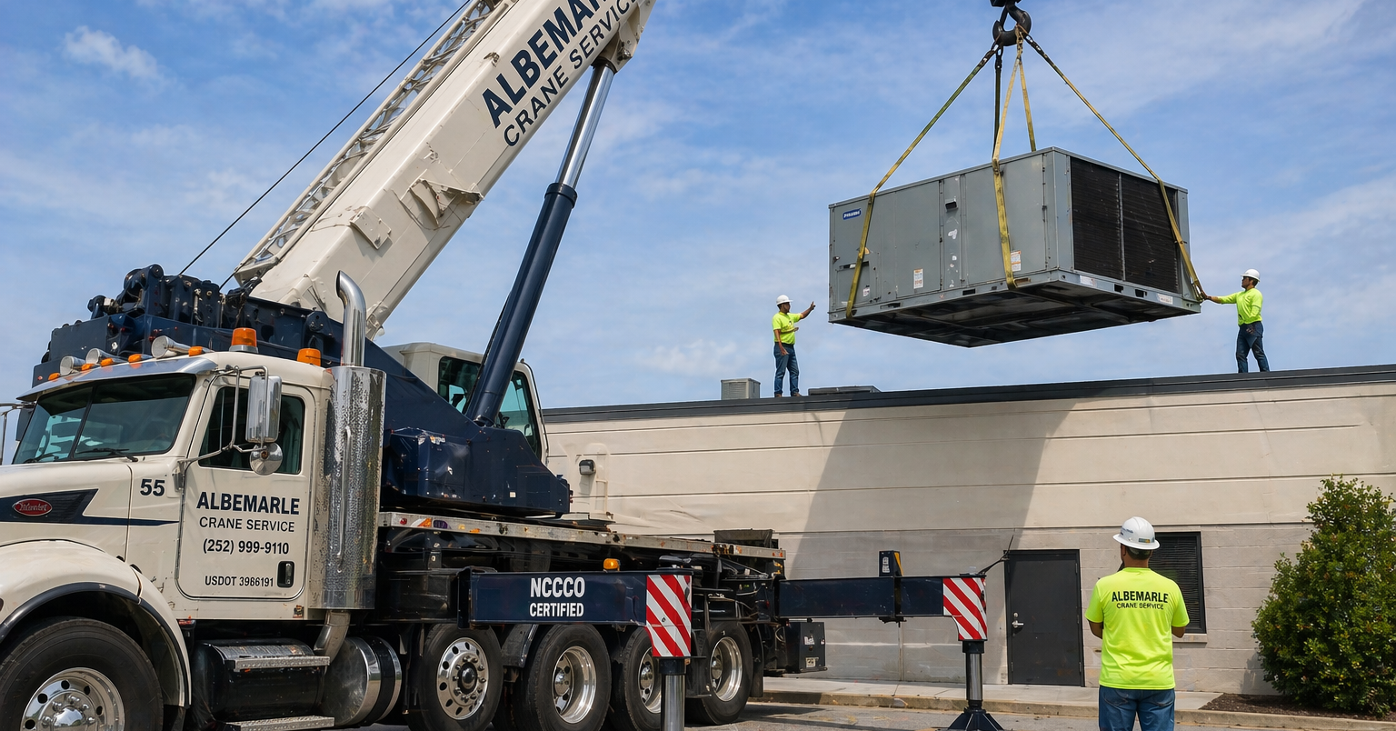 A heavy Albemarle Crane Service mobile crane lifts a commercial HVAC unit onto a flat roof.