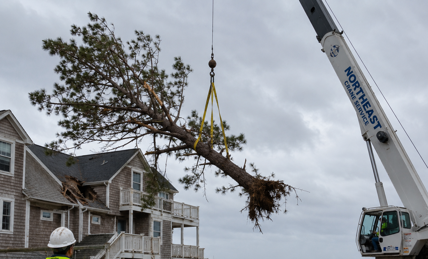 Crane lifting a storm-damaged pine tree away from a coastal Outer Banks home during emergency tree removal