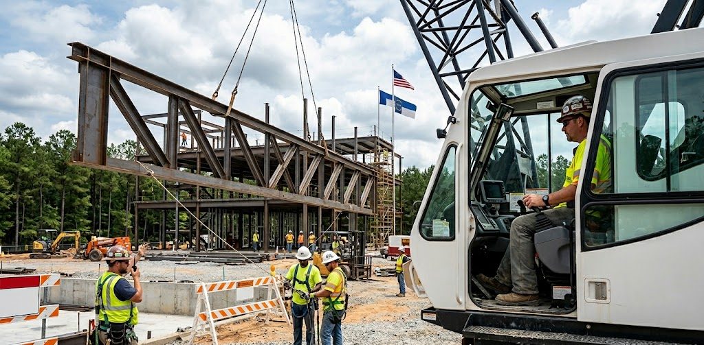 NCCCO-certified crane operator managing a commercial heavy lift with rigging crew on a North Carolina construction site